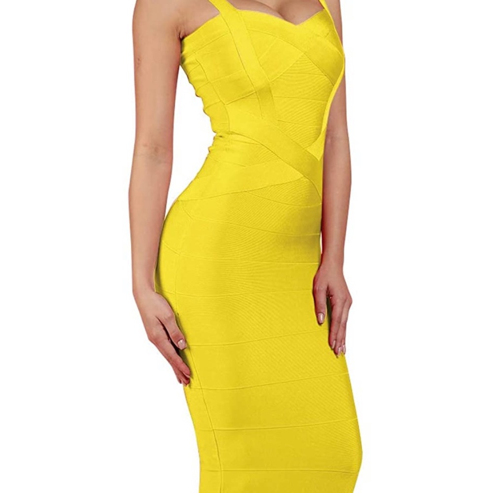 Yellow bodycon mid calf dress. Never worn!